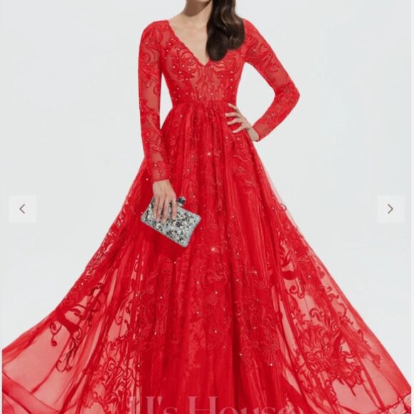 JJ's House Red Ball-Gown w/ Sweep Train Tulle Lace w/ Sequins Sz 8 196082 - Picture 2 of 13